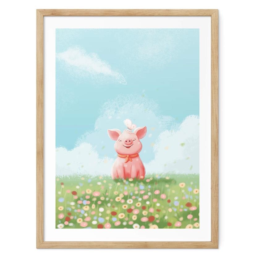 Póster tailandés - Cerdito feliz en el prado de verano