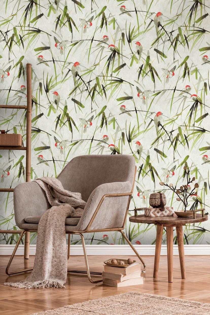 Papier peint oiseaux beige vert - Papier peint intissé animaux Livingwalls - mat et lisse
