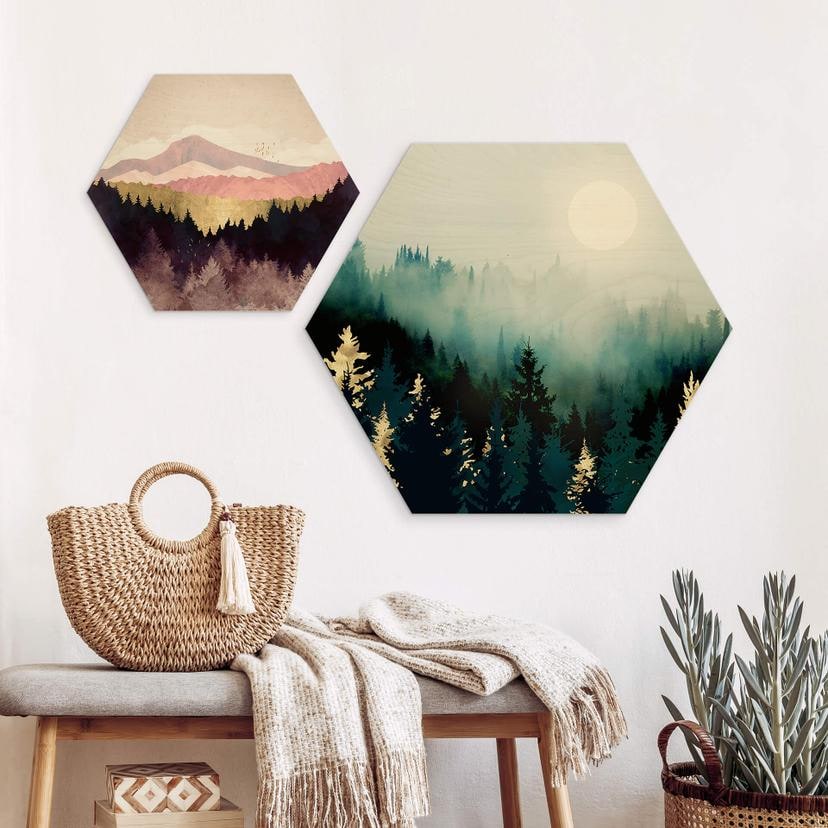 Hexagon Holzbild SpaceFrog Designs - Nebliger Wald