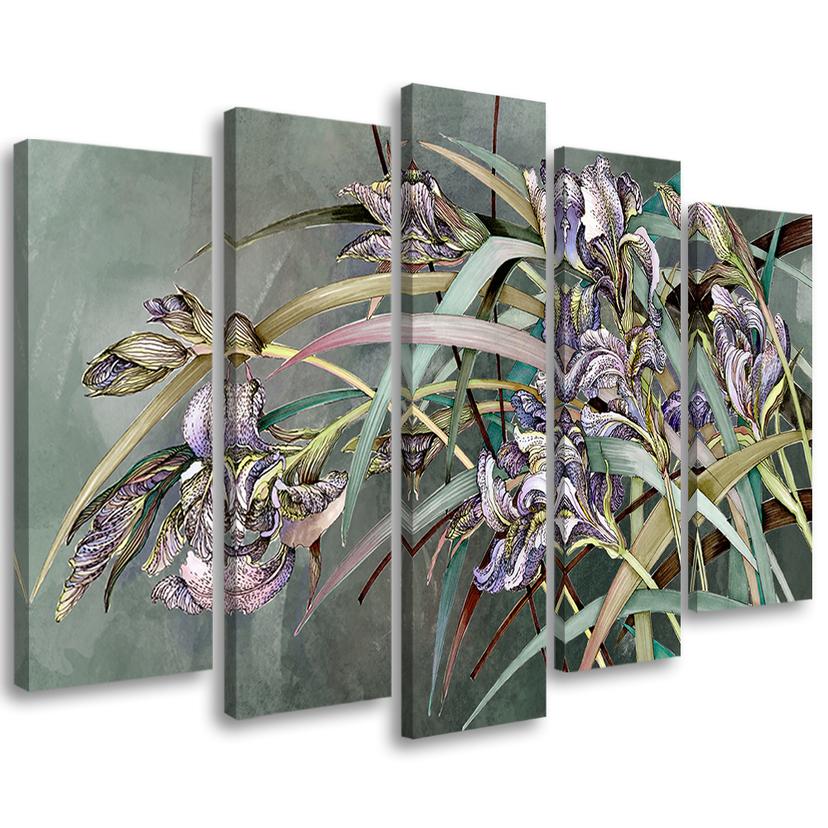 Impression sur toile en 5 parties, fleurs d'iris dans le vent