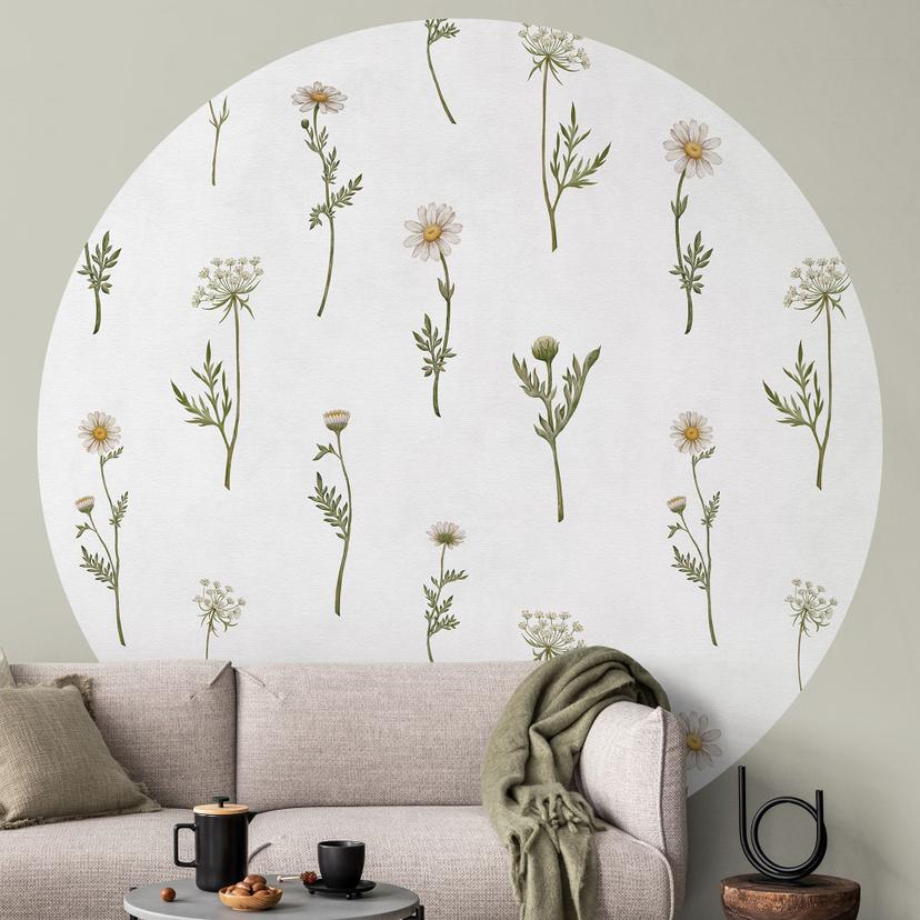 Papier peint photo Romantique prairie avec fleurs des champs - Kikki Belle - Rond - papier peint int