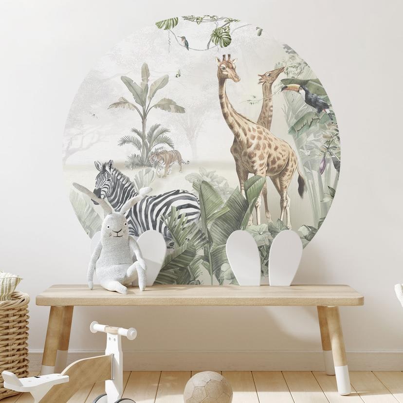 Muursticker jungle dieren op een Afmeting - Ms Tiff - Rond