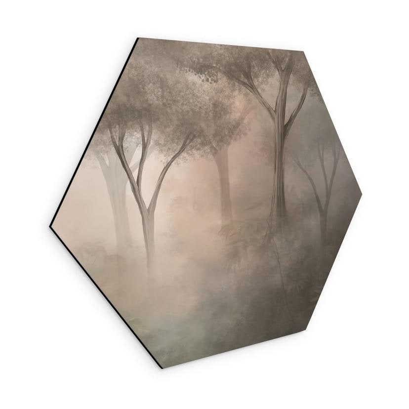 Wanddecoratie Bosmagie in de ochtendnevel Beige - Ms Tiff - Alu-Dibond