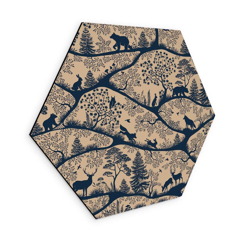 Hexagon Wanddecoratie Dierensilhouetten in het Noordse Bos - Oliver Robins - Alu-Dibond