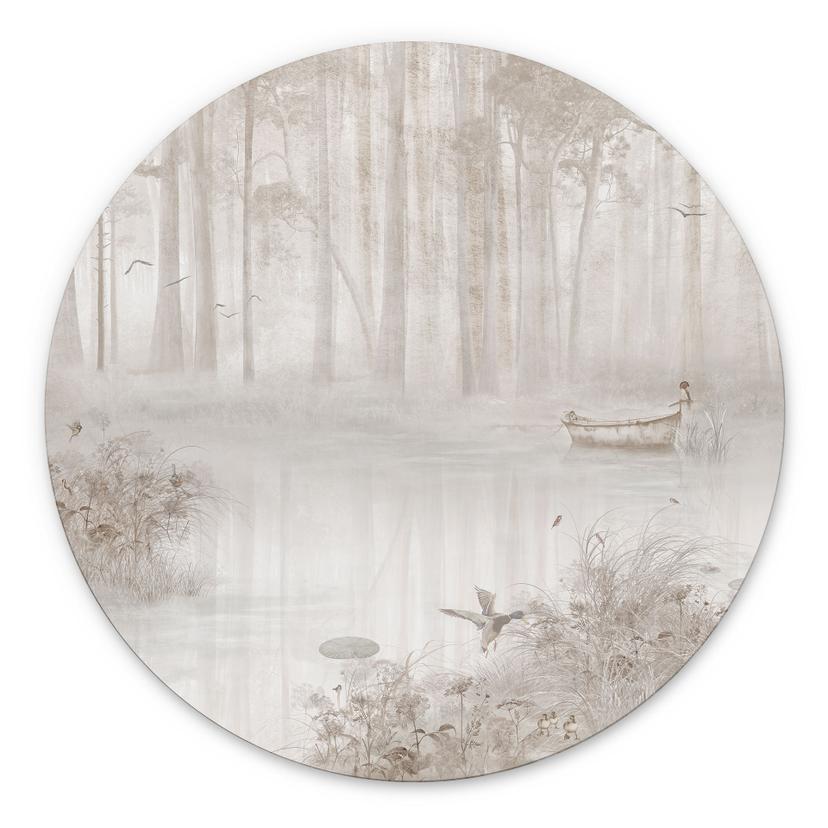 Wanddecoratie Bos aan het meer in beige mist - Ms Tiff - Alu-Dibond Rond