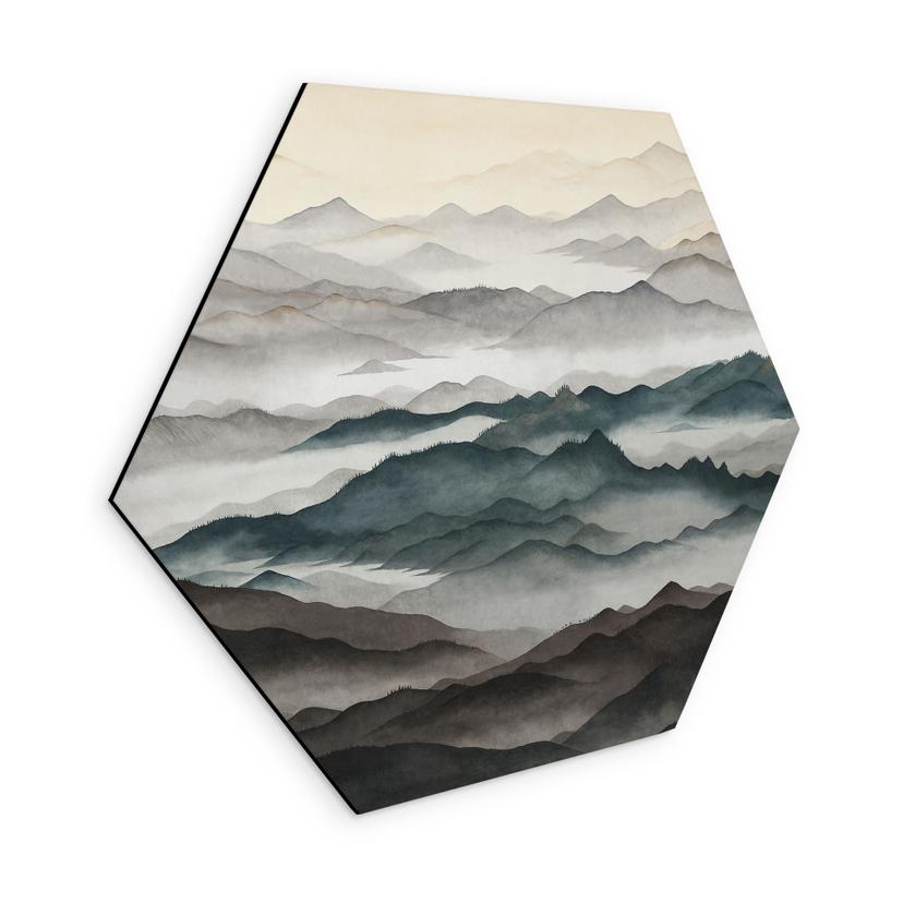 Hexagon Wandbild Roerich Light - Nebelige Berglandschaft - Sir Edward x Grigory Gladarev -