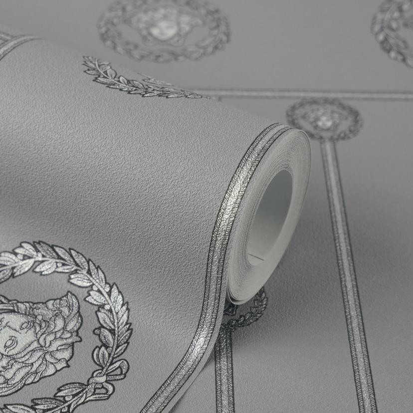 Versace Vliesbehang onderrand medusa hoofd grijs zilver metallic