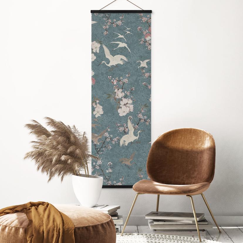 Obraz tkaniny Żurawie w kolorze niebieskim - Bloomery Decor - Panorama