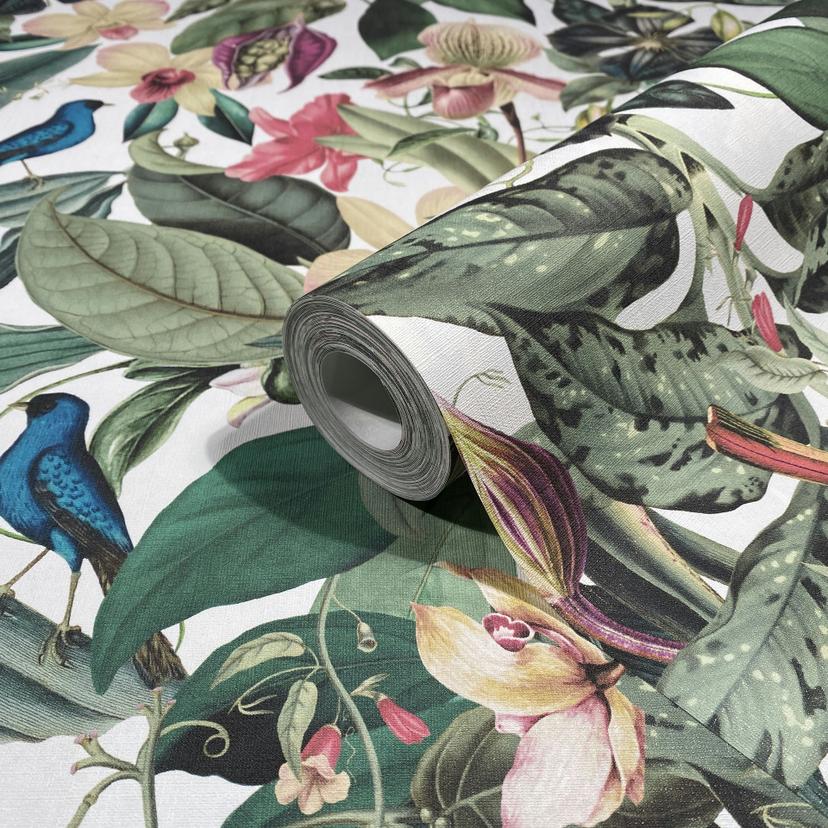 Papel pintado no tejido en blanco, hojas verdes flores naturaleza floral