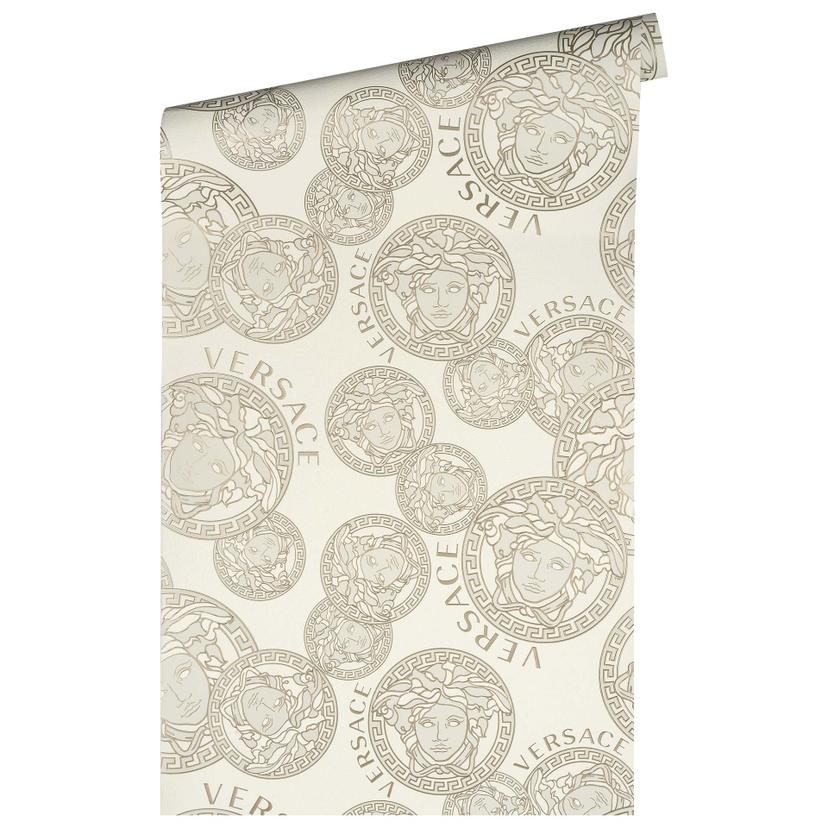 Versace luksus tapet i creme og beige non-woven tapet medusa hoved design