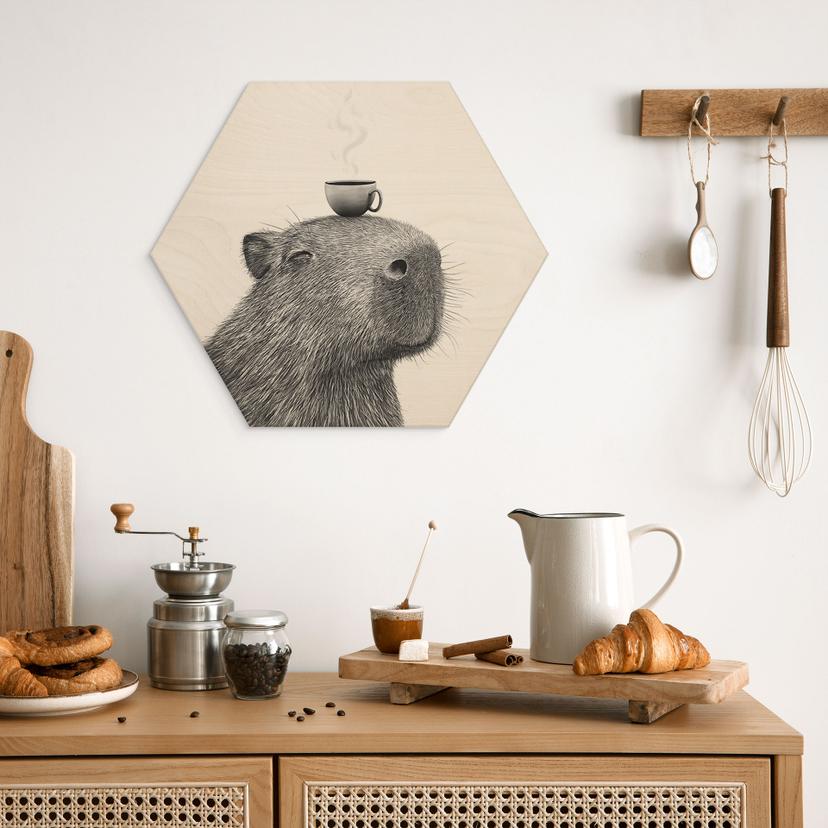Hexagon Houten Wanddecoratie Capybara Morgen Koffie - Korenkova