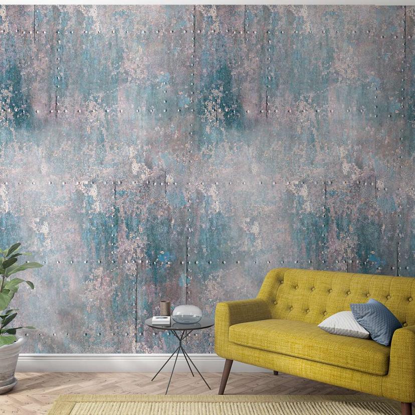 Vintage metaleffekt tapet Blå, rød,Illustration 2,70 x 1,59 m
