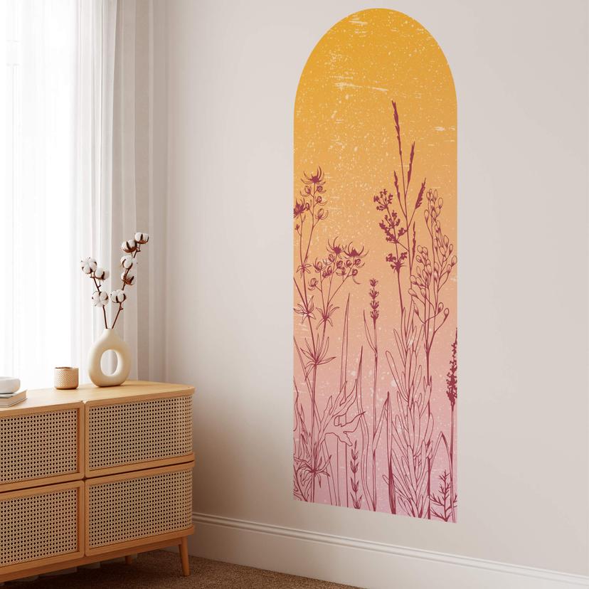 Muursticker Ronde boog veldbloemen oranje-roze
