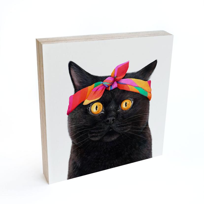 Holzbild zum Hinstellen - Schwarze Katze mit Bandana - Korenkova - 15x15 cm