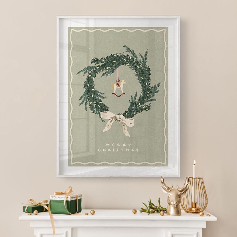 Poster voor de woonkamer - Kerstkrans met hobbelpaard - NKTN