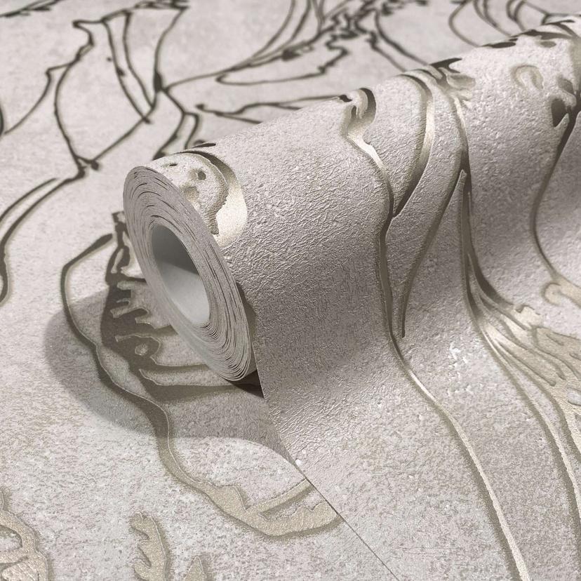 Papel pintado no tejido con líneas curvas brillantes gráfico beige