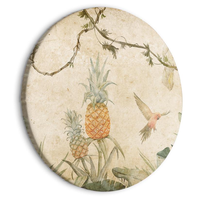 Rundes Leinwandbild Tropen in gedämpften Farben | Papageien und Ananas im Dschungel
