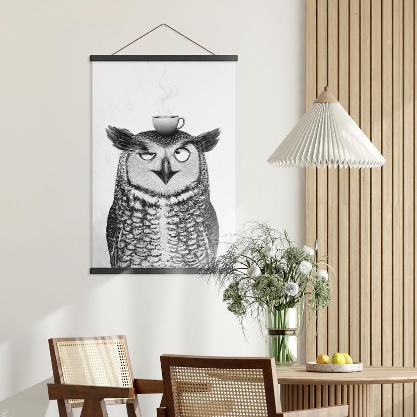 Textielposter Grappige Uil met Koffie - Korenkova