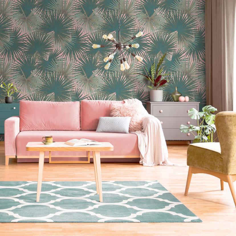 Djungelgrön rosa löv non-woven tapet palmträd tapet vardagsrum