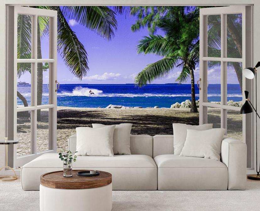 Fototapete Fenster mit Blick auf einen tropischen Strand