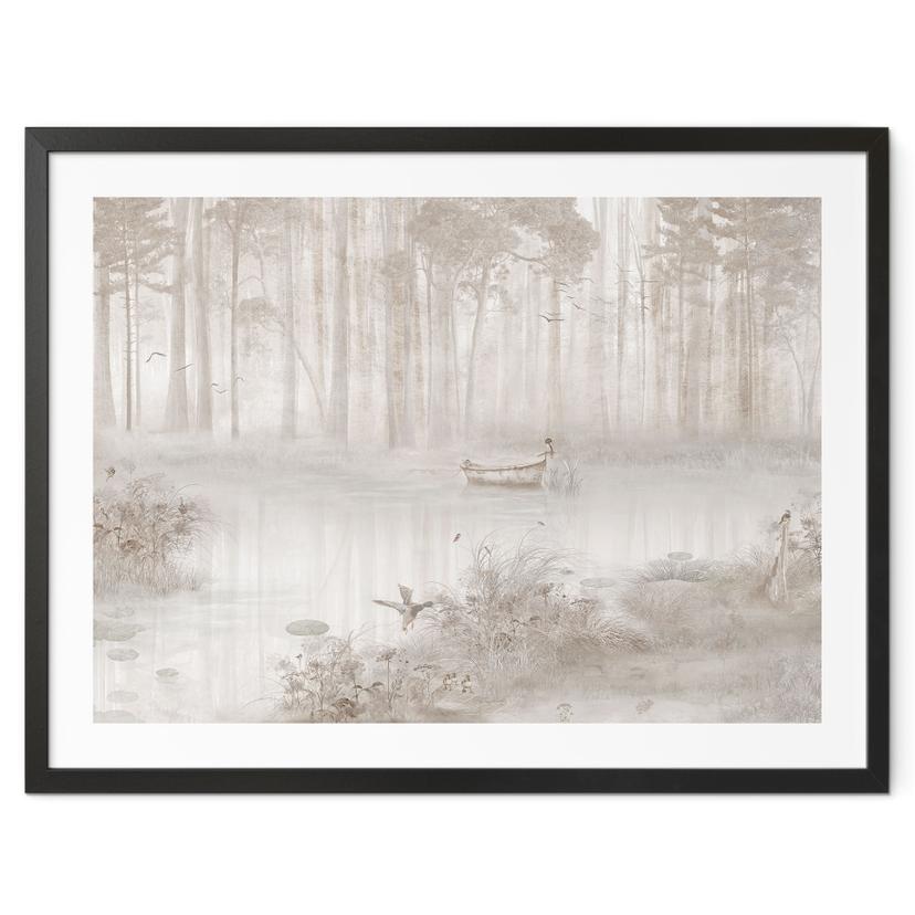 Poster Bos bij het meer in mist in beige - Ms Tiff
