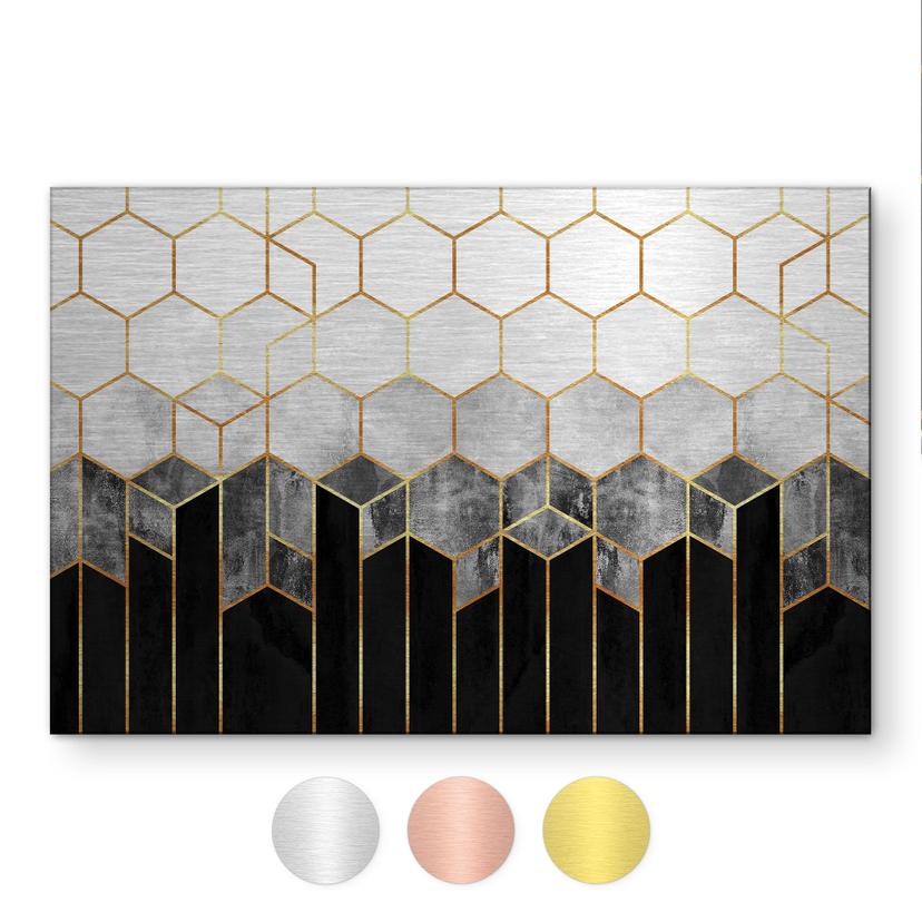 Geborsteld Alu-Dibond met goud-, zilver- & kopereffect - Hexagonen: zwart en grijs - Fredriksson