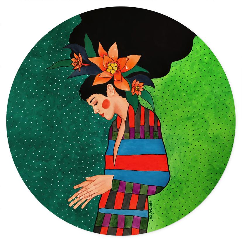 Adesivo murale Donna in abito a righe con fiori arancioni - Hülya - Rotondo