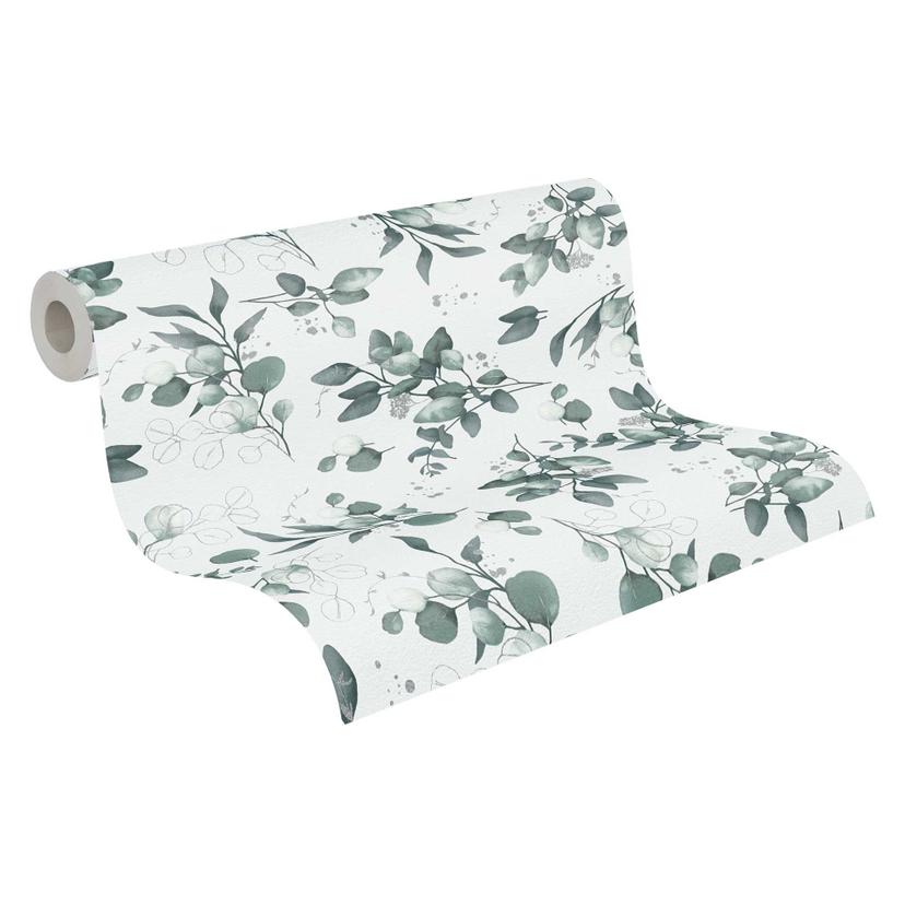 Florale Aquarell-Tapete Grün Grau – Vliestapete mit Blättern – Botanisches Muster