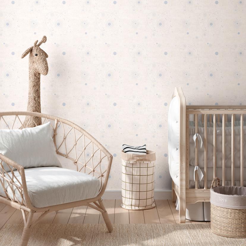 Rumtapet beige blå - børnetapet med stjerner og planeter