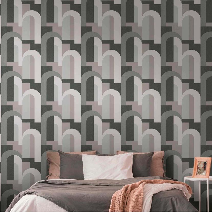 Art deco grafisk tapet grå sort - fleece tapet med retro mønster