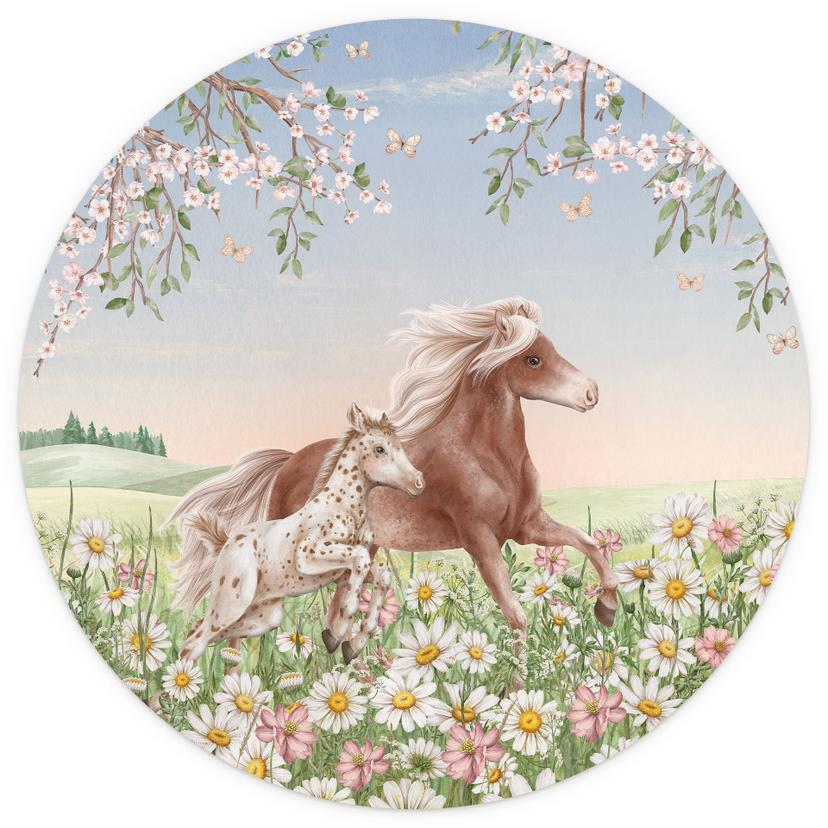 Hästar på blomsterängen | Fototapet för barn med hästmotiv - Kikki Belle - rund - självhäftande/icke