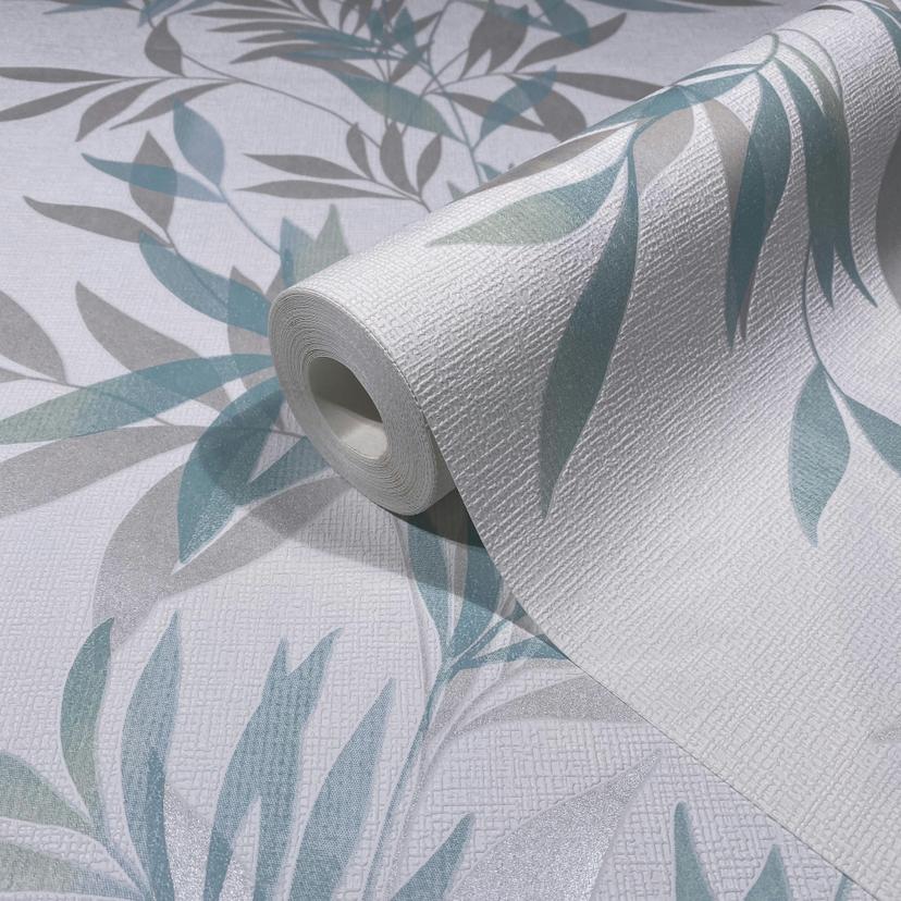 Papel pintado no tejido en blanco, motivo hoja verde aspecto naturaleza floral