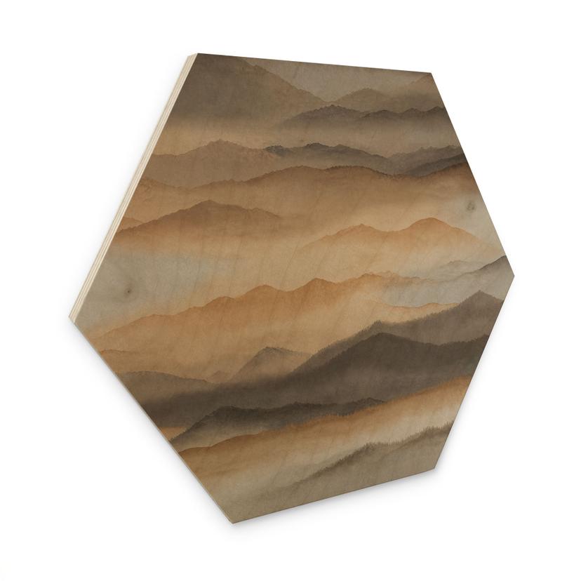 Hexagon Holzschild Roerich Silence - Warme Berglandschaft - Sir Edward x Grigory Gladarev