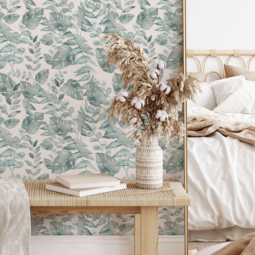 Carta da parati a motivi - foglie della giungla acquerello crema - Bloomery Decor