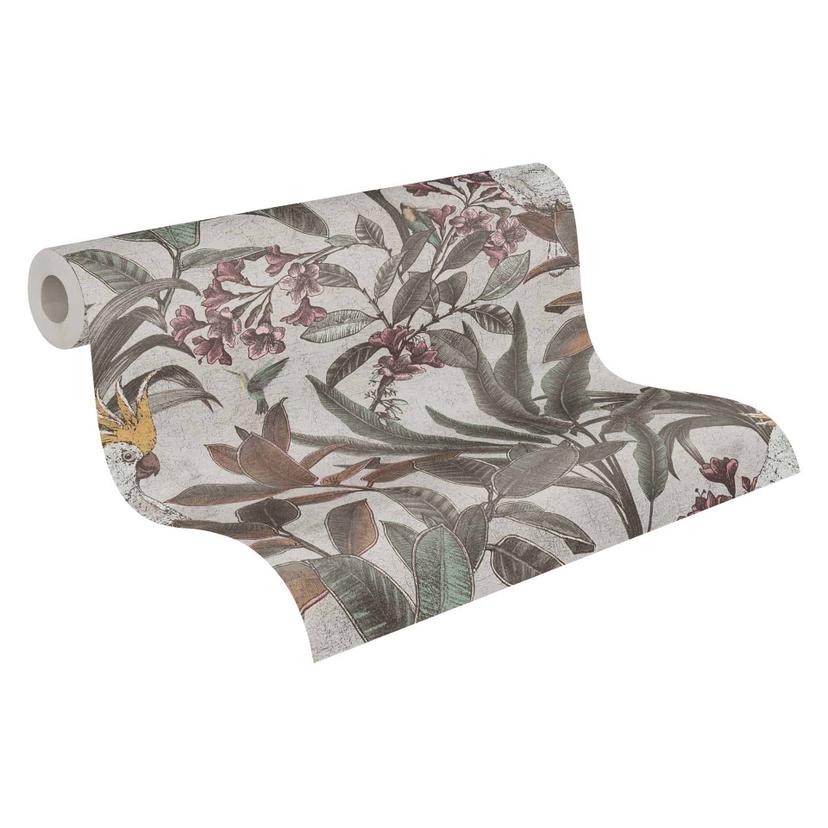 Papel pintado de jungla con cacatúa - Papel pintado no tejido beige verde morado - Papel pintado mot