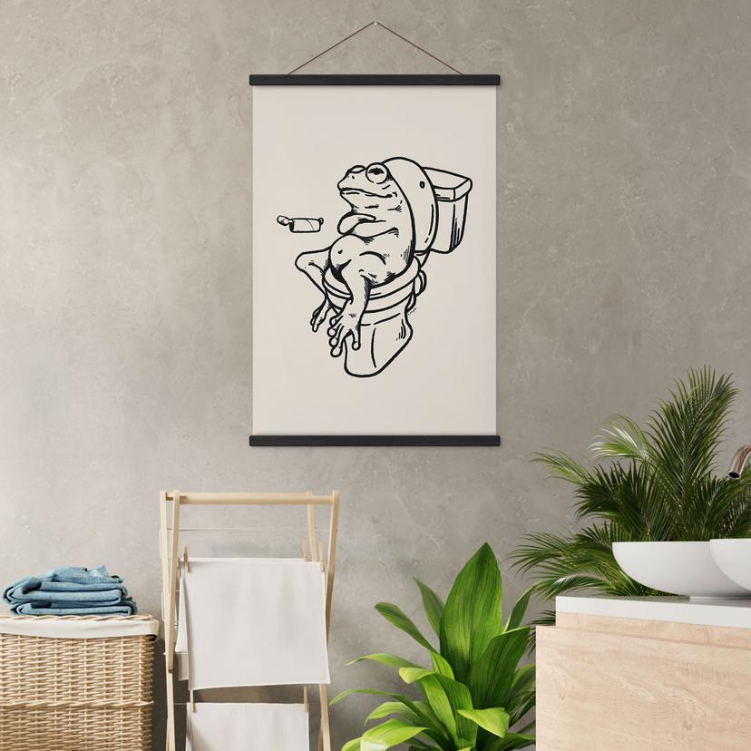 Poster tessile Aspettando alla toilette - Illustrazione umoristica di una rana - Royle