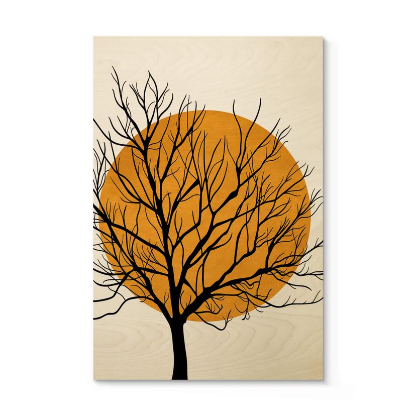 Træplakat Kubistika - Golden Sun behind a Tree