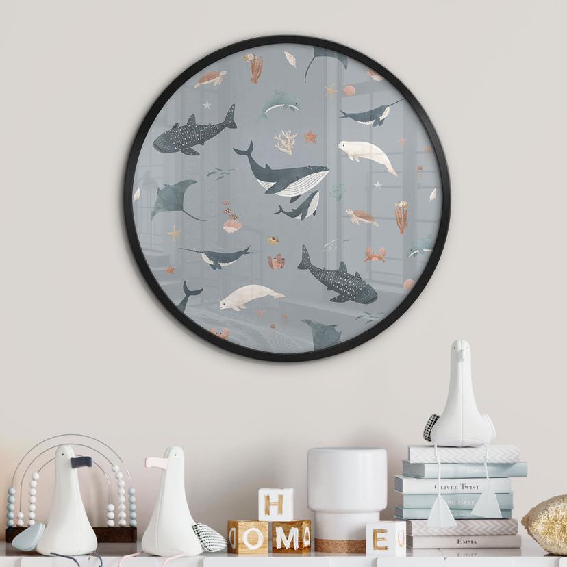 Poster del mondo marittimo sottomarino - Balene e animali marini - Kikki Belle - Rotondo