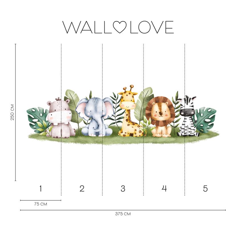 Carta da parati per cameretta Safari animali verde bianco 3,75 x 2,50 m - Fotomurale per bambini in
