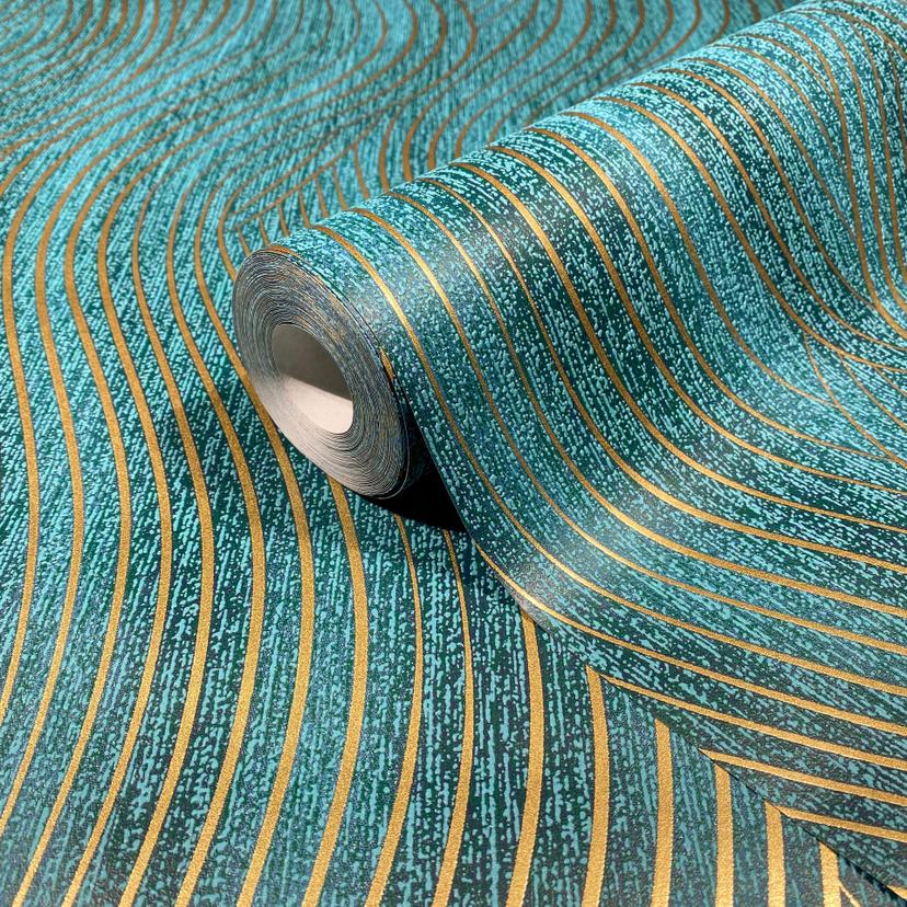Vliesbehang in groen, goud golf look textuur grafisch modern