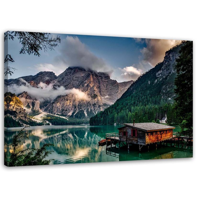 Canvasbillede, Hytte ved en sø i bjergene