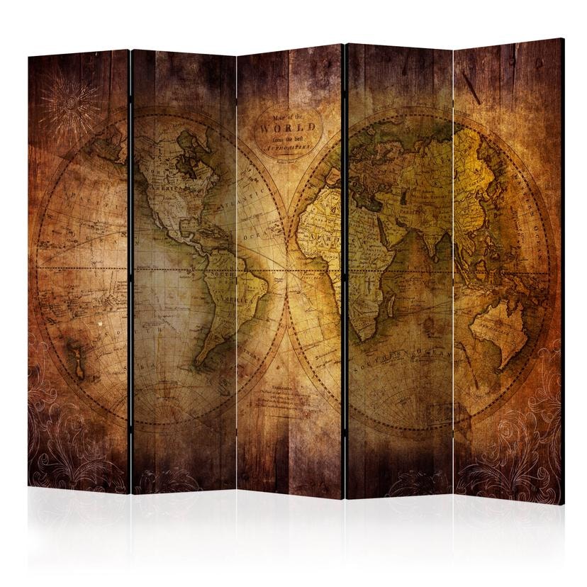 Paravent Séparation de pièce - Carte du monde - Le monde sur une ancienne carte , 5 pièces - 225x172
