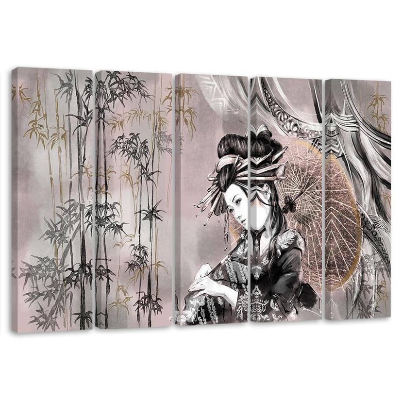 Lærred print 5 dele, geisha og bambus