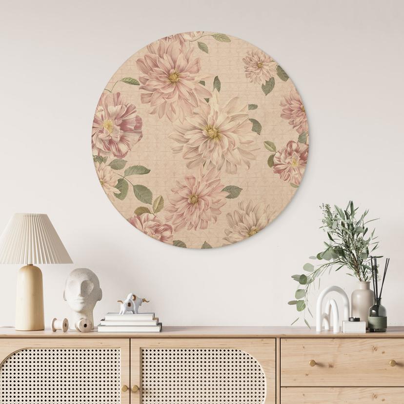 Stampa su legno Dalie Shabby Chic Rosa - Decorazione floreale - Rotonda