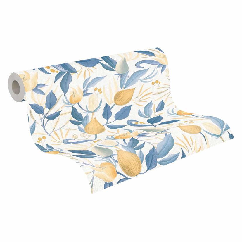 Carta da parati floreale COSMOPOLITAN design floreale bianco blu giallo - Carta da parati in tessuto