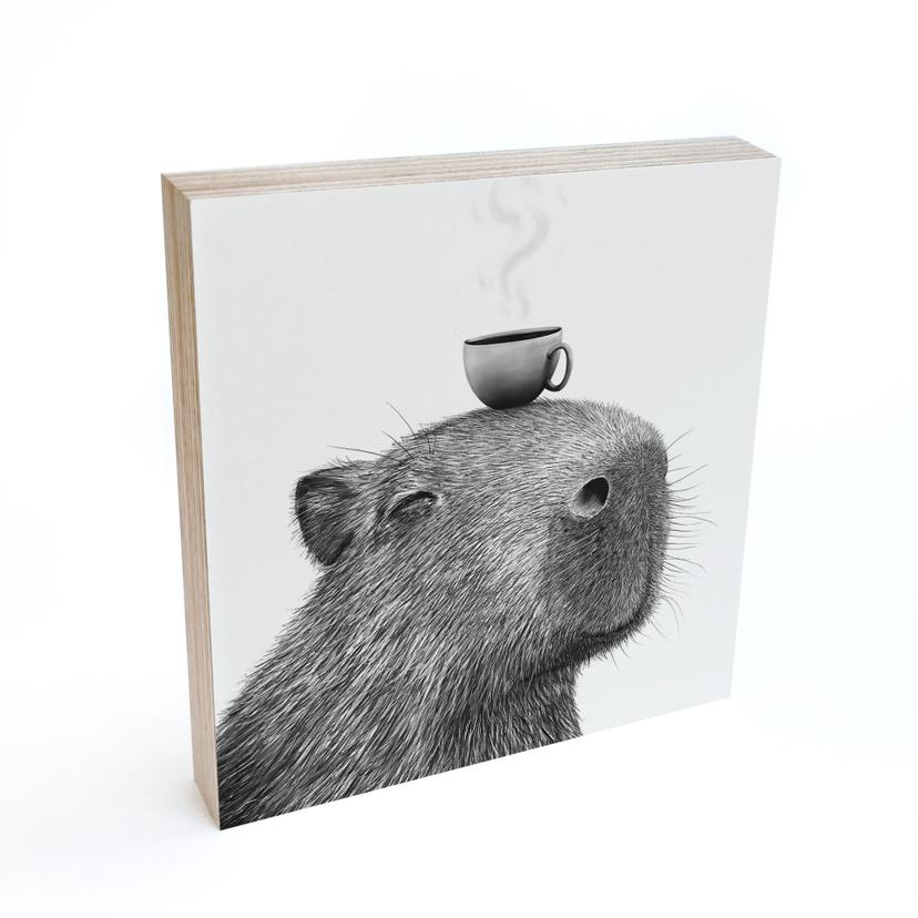 Tableau sur bois à poser - Capybara Matin Café - Korenkova - 15x15 cm