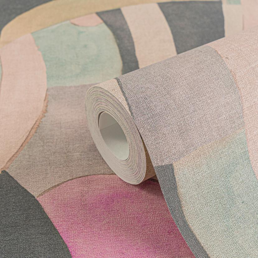 Papel pintado de muestra abstracto en rosa menta negro - Papel pintado no tejido moderno con lineas