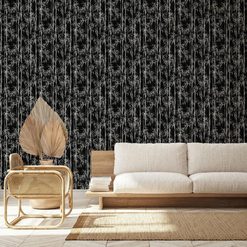 Papel pintado no tejido de color negro, blanco hojas de bambú naturaleza floral