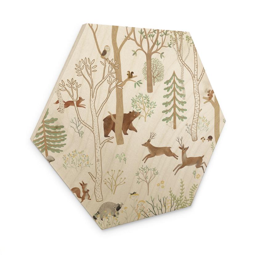 Hexagon Houten Wanddecoratie Vrolijk Bosleven met Dieren - Oliver Robins