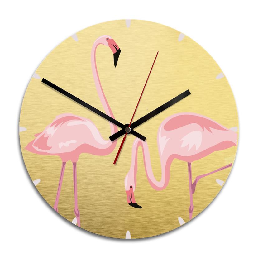 Wandklok Alu-Dibond met Goudeffect Flamingo